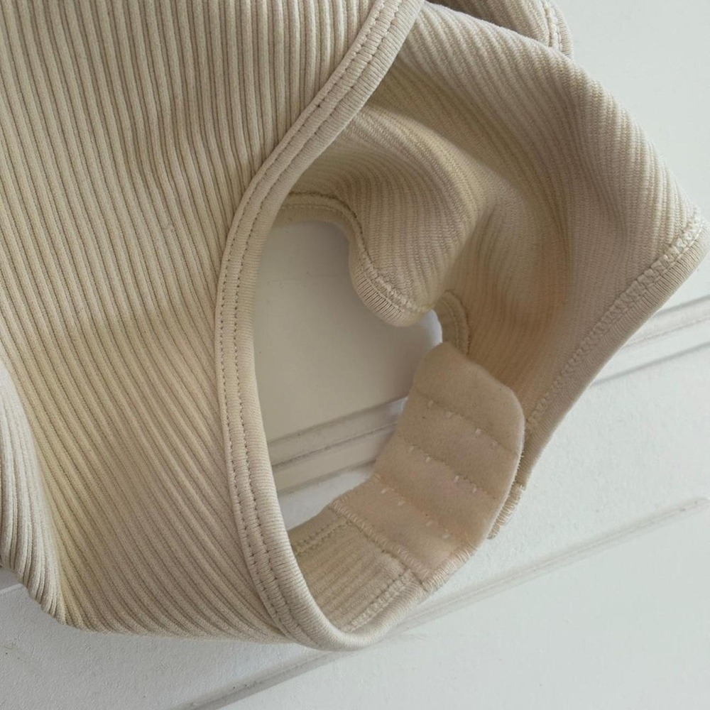 Neutral Ribbed Seamless Medium‎ Bodysuit Top | Capsule Wardrobe Essential Beige - Picture 3 of 5